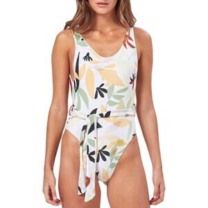 Anthropologie Charlie Holiday Tropical Malibu Belted White One Piece Swimsuit XS